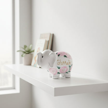 Personalized Elephant Piggy Bank, Pink Floral Baby Girl 