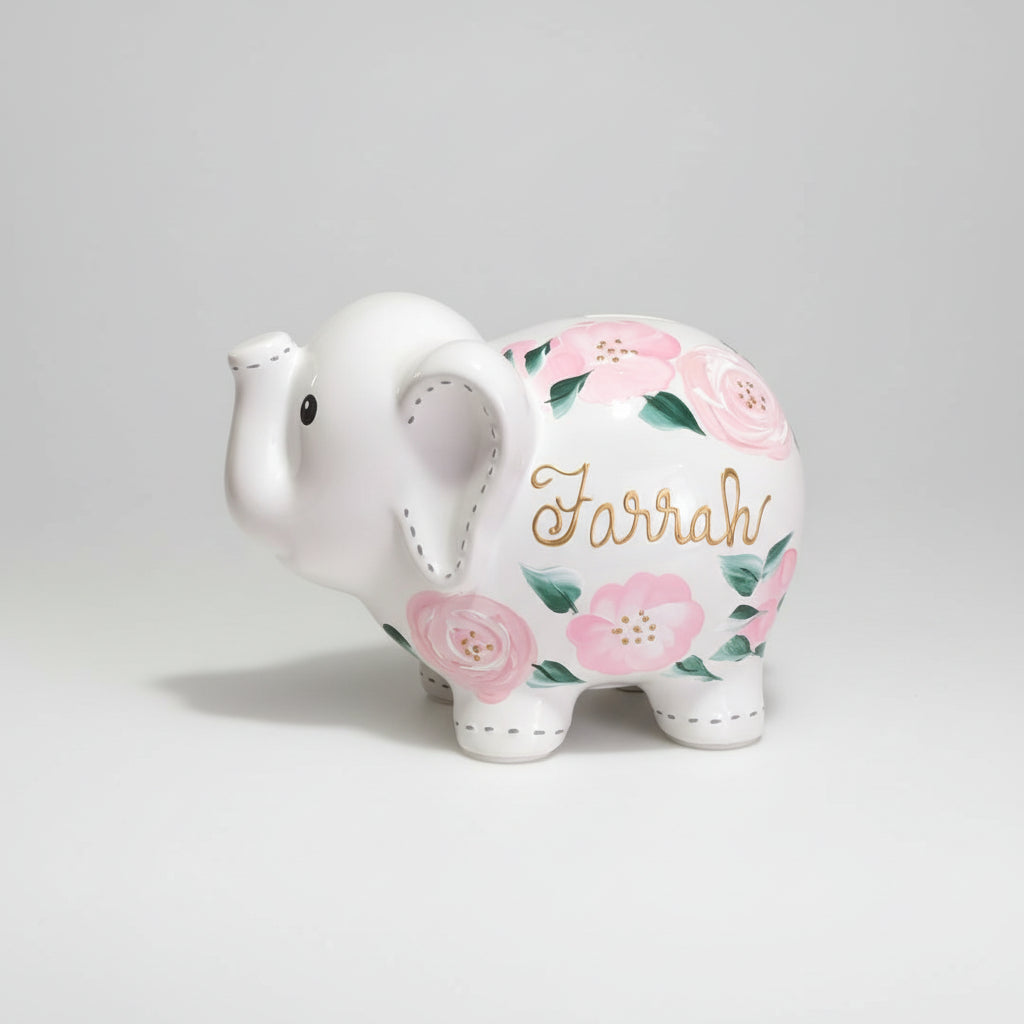 Personalized Elephant Piggy Bank, Pink Floral Baby Girl 