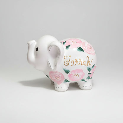 Personalized Elephant Piggy Bank, Pink Floral Baby Girl 