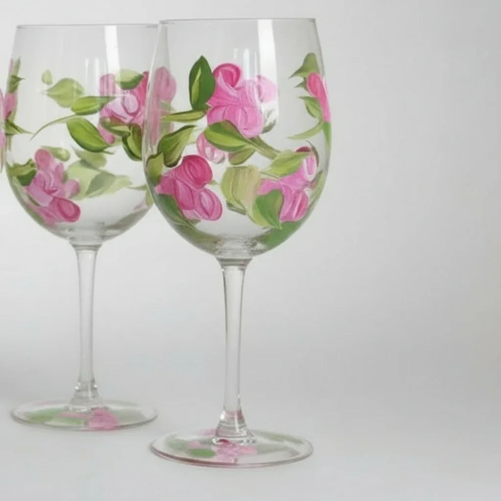 Pink Rose Flower Wine Glass Set of 4, Hand Painted Wine Glasses 