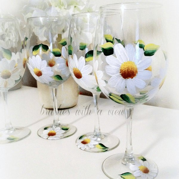 Daisy Painted Wine Glasses - Stemmed or Stemless - Brushes with a View 