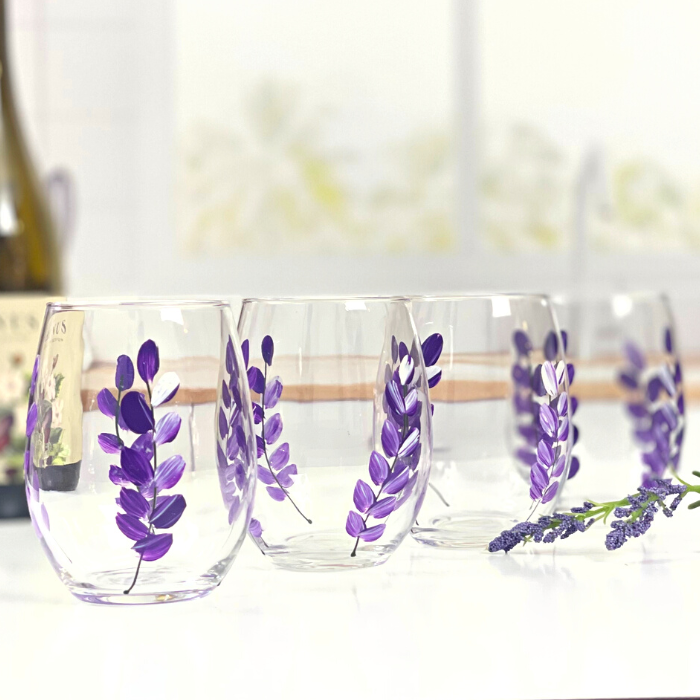 lavender flower wine glasses hand painted stemless wine glasses 