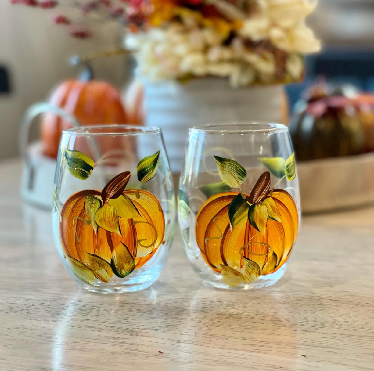 Harvest Pumpkin Hand-Painted Stemless Wine Glass - Set of 2 - 15 o