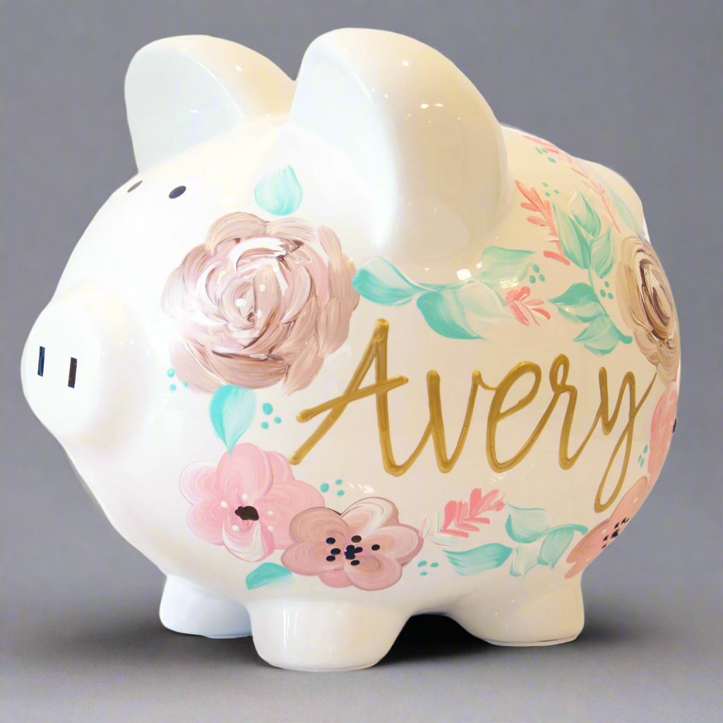 Customized Coin Bank Personalized girls' piggy bank with floral design.