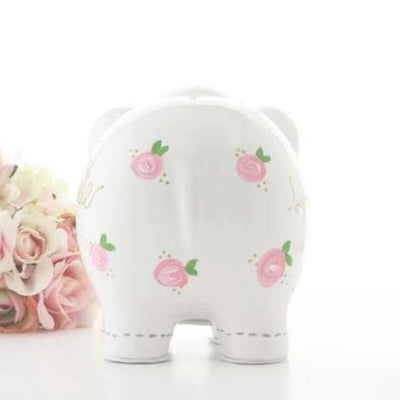 Personalized Elephant Piggy Bank with Pink Flowers