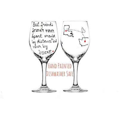 Best Friend Long Distance State Stemless Wine Glass, Hand Painted