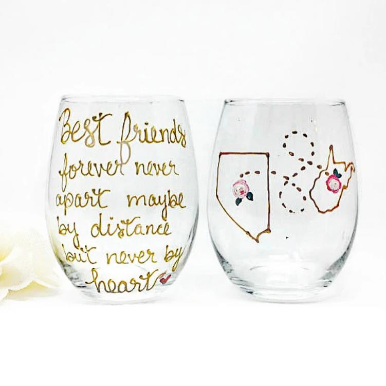 Long Distance Best Friend Wine Glass Stemmed or Stemless, Gold Metallic 