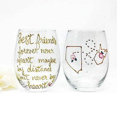 Long Distance Best Friend Wine Glass Stemmed or Stemless, Gold Metallic