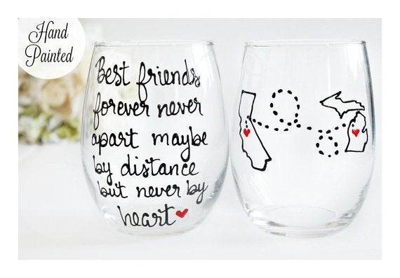 Personalized Long Distance Best Friend Gift, Hand Painted Wine Glass 