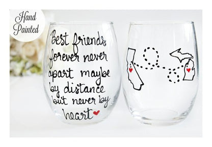Personalized Long Distance Best Friend Gift, Hand Painted Wine Glass 