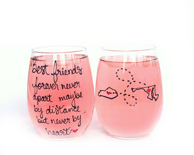 Best Friend Long Distance State Stemless Wine Glass, Hand Painted