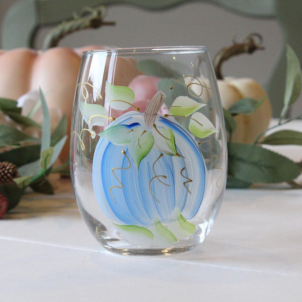 Harvest Pumpkin, Shades of blue  Hand-Painted Stemless Wine Glass 