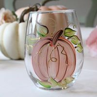 Harvest Pumpkin, Shades of Blush Pink  Hand-Painted Stemless Wine Glass 
