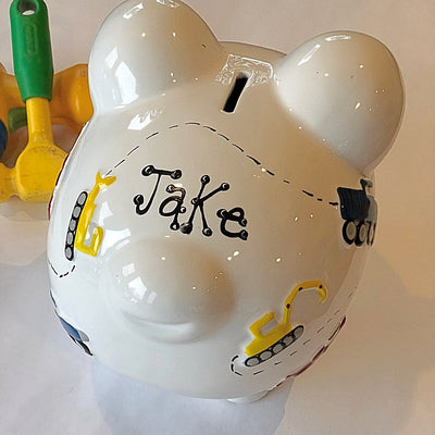 Personalized Hand Painted Construction themed Piggy Bank