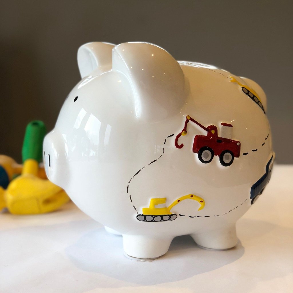 Personalized Hand Painted Construction themed Piggy Bank 