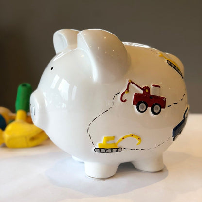 Personalized Hand Painted Construction themed Piggy Bank 