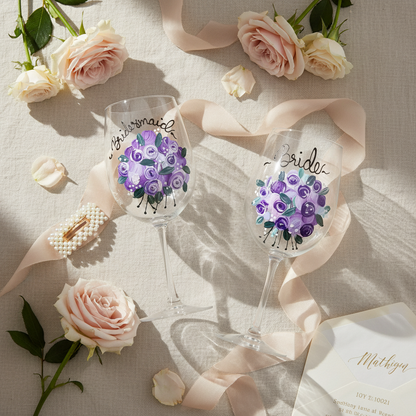 Personalized Bridesmaid Wine Glass, Hand Painted 