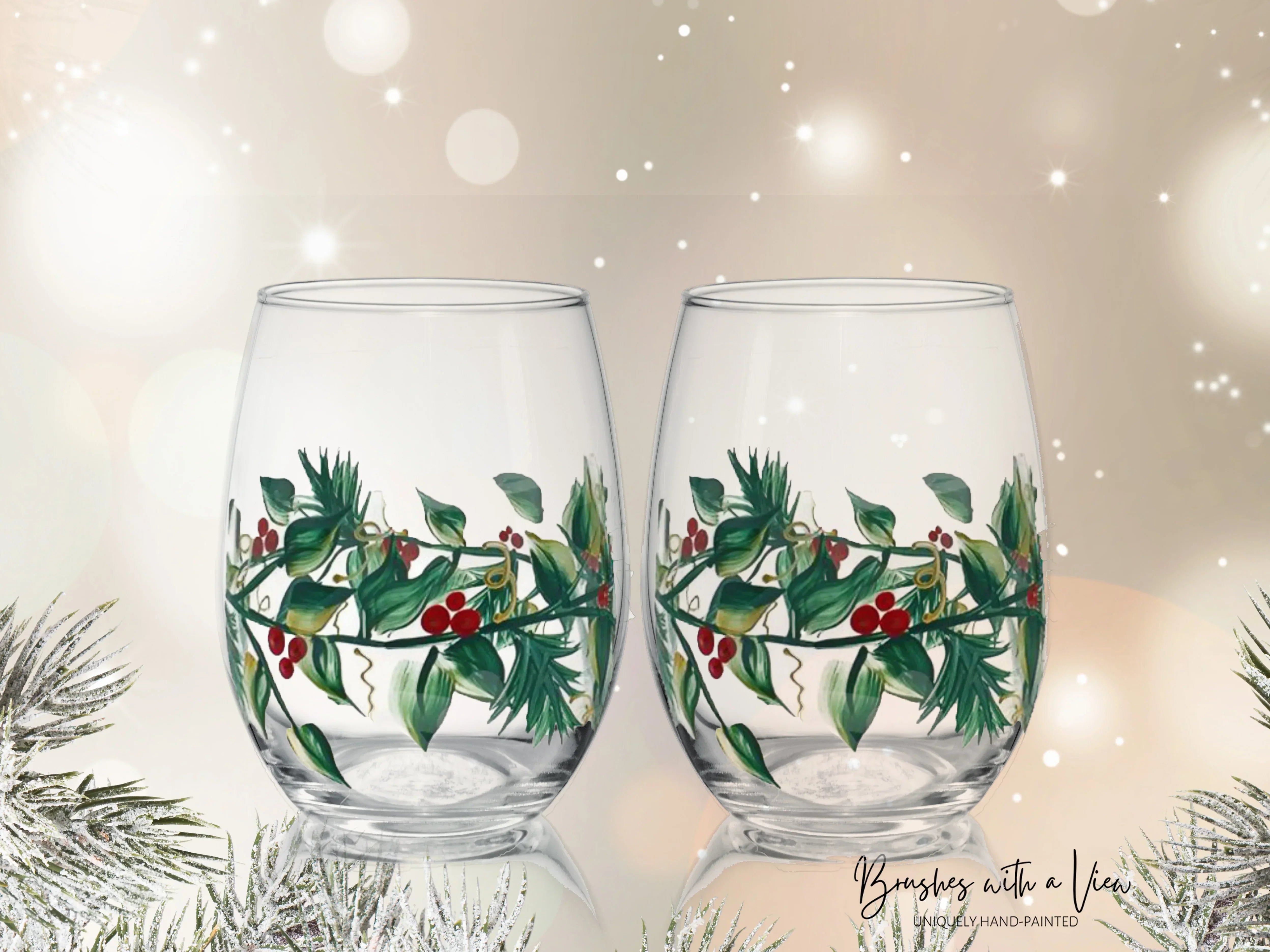 Christmas Wine Glasses Stemless Hand Painted Holly Berry Set of 2