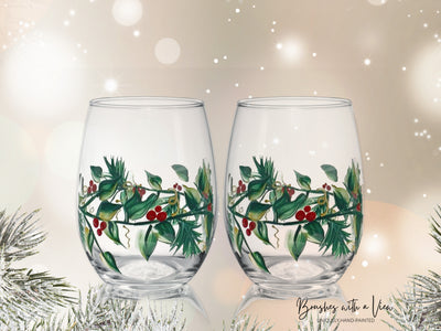 Christmas Wine Glasses - Set of 2 Stemless  - Hand Painted -  Holly and Berry