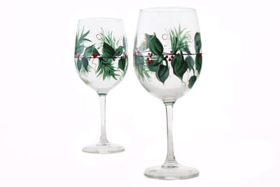 Christmas Wine Glasses - Set of 2 Stemless - Hand Painted - Holly and Berry