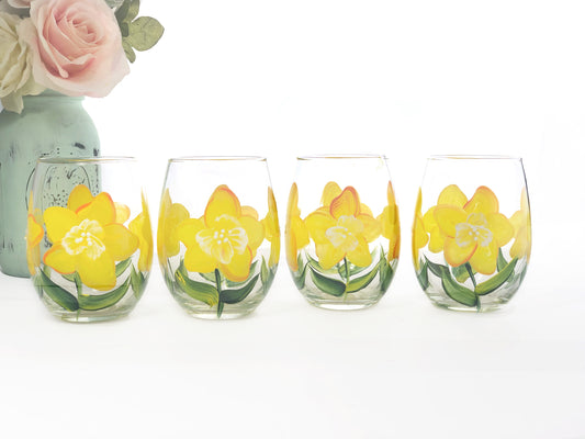 Yellow Daffodil Flower Stemless Wine Glasses- Set of 4 - Hand Painted 