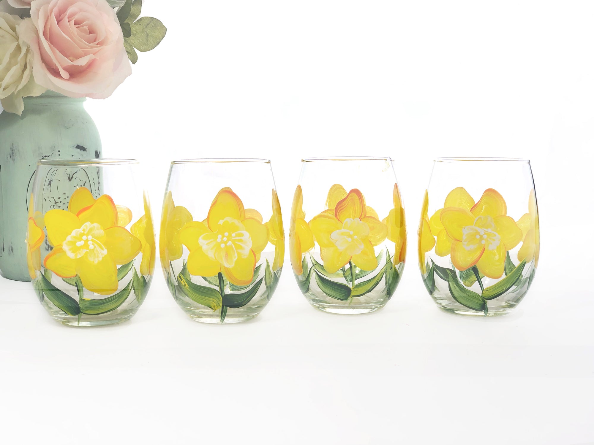 Yellow Daffodil Flower Stemless Wine Glasses- Set of 4 - Hand Painted 
