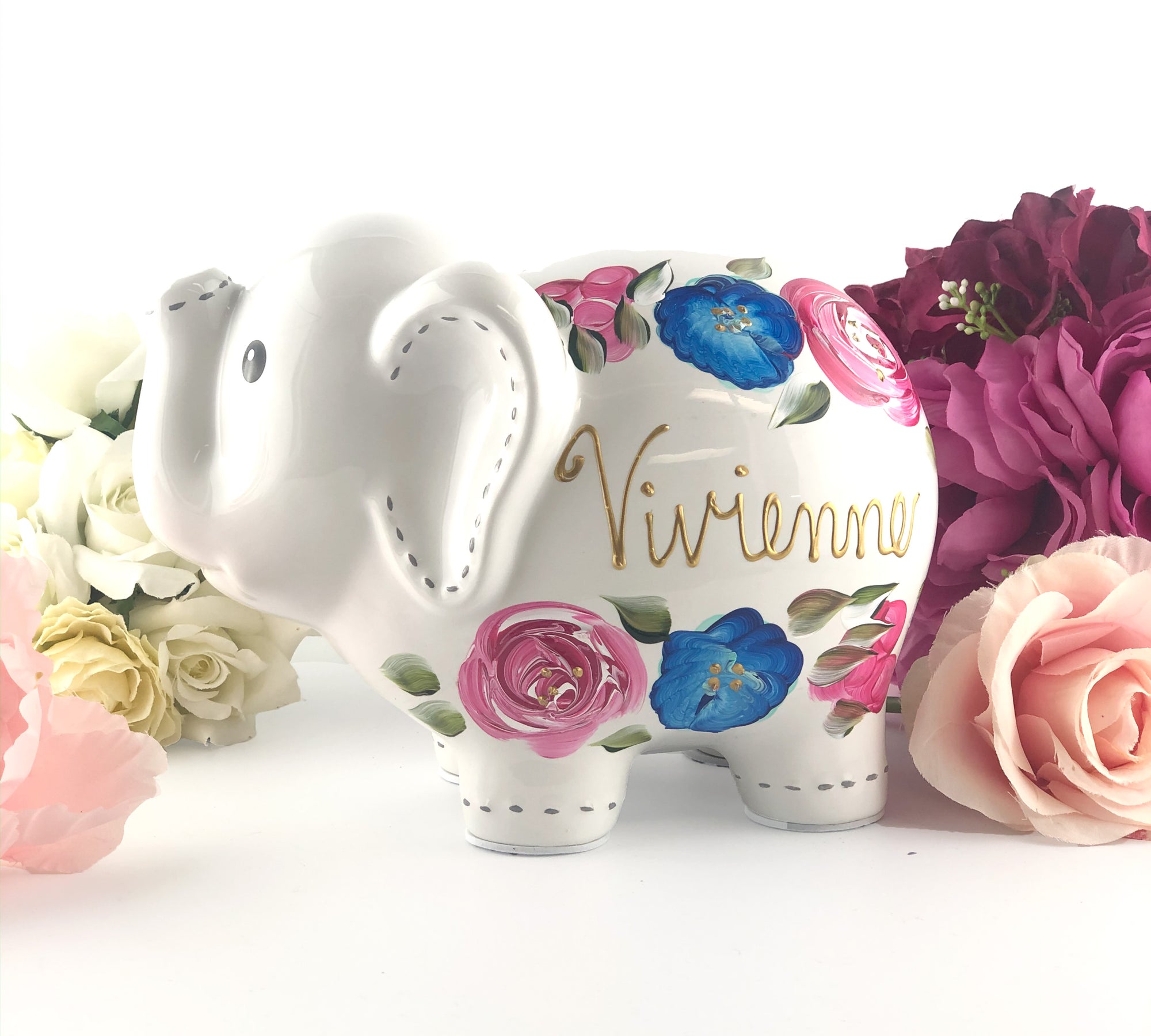 Hand Painted Elephant Piggy Bank with Pink and Navy Blue Flowers 