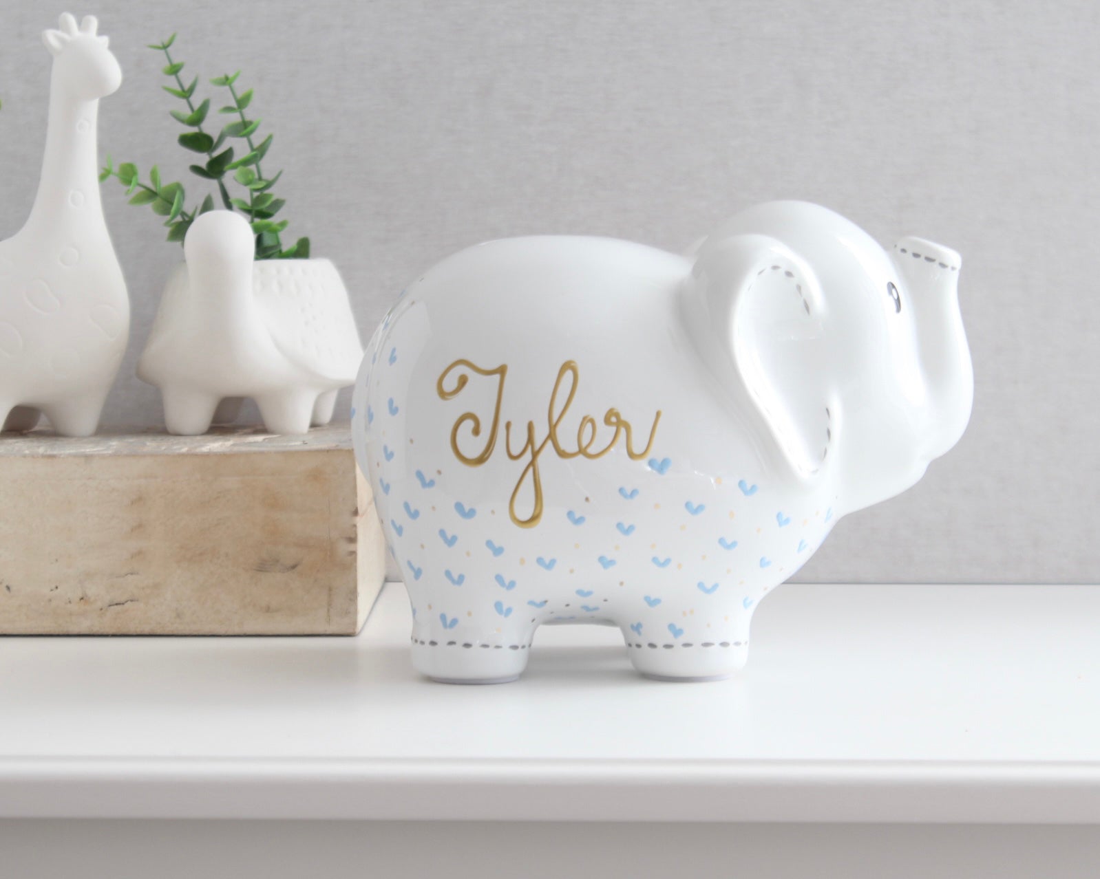 personalized elephant piggy bank light blue hearts 