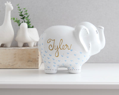 personalized elephant piggy bank light blue hearts