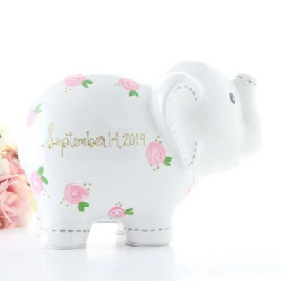 Personalized Elephant Piggy Bank with Pink Flowers