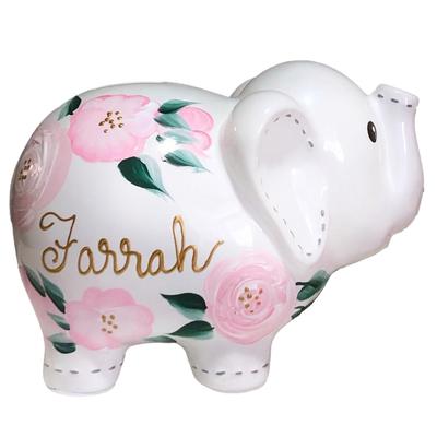 Personalized Elephant Piggy Bank, Pink Floral Baby Girl
