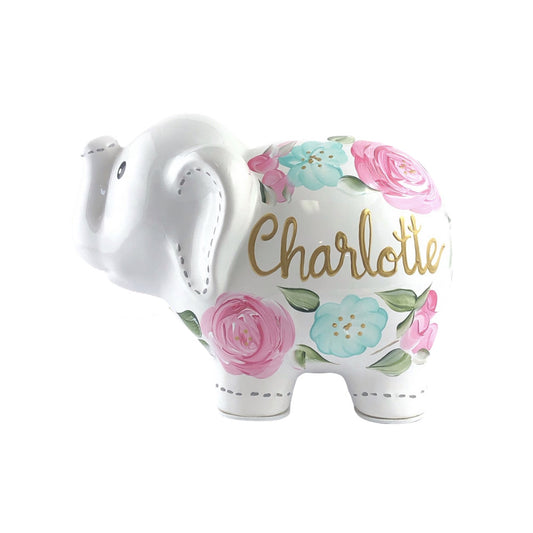 Personalized Elephant Piggy Bank, Floral Baby Girl 