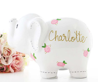 Personalized Elephant Piggy Bank with Pink Flowers