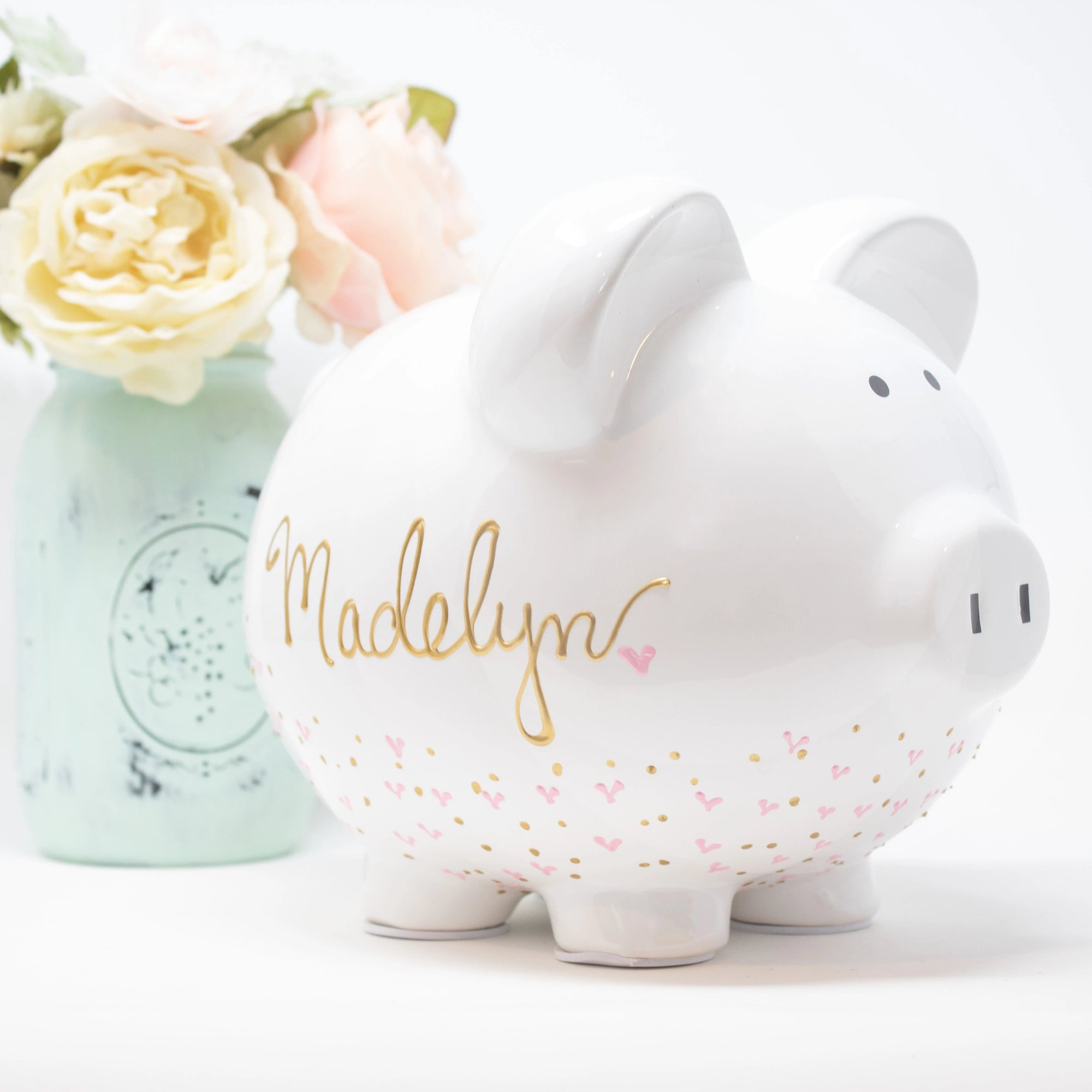 Personalized Hand Painted Piggy Bank with gold and pink hearts 