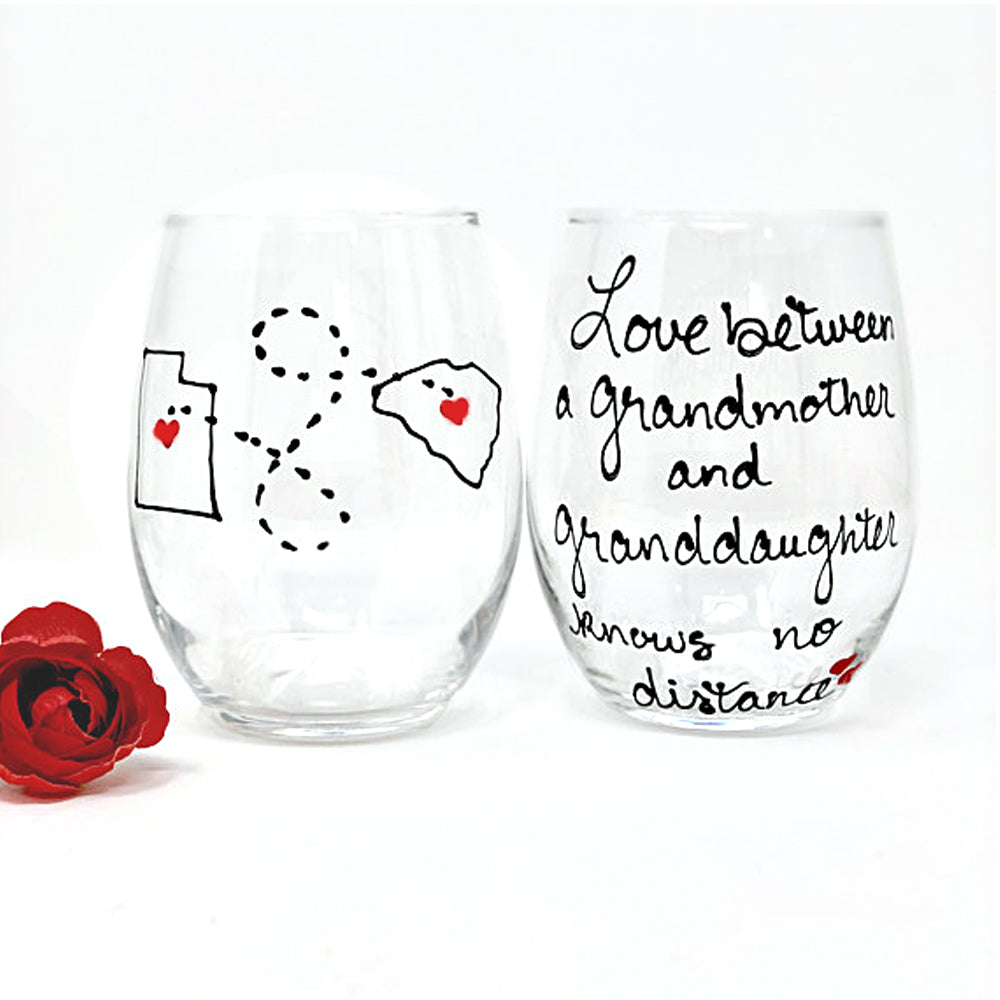 Love Between A Grandmother & Granddaughter Knows No Distance, Hand Painted 21 oz. Stemless Wine Glass 