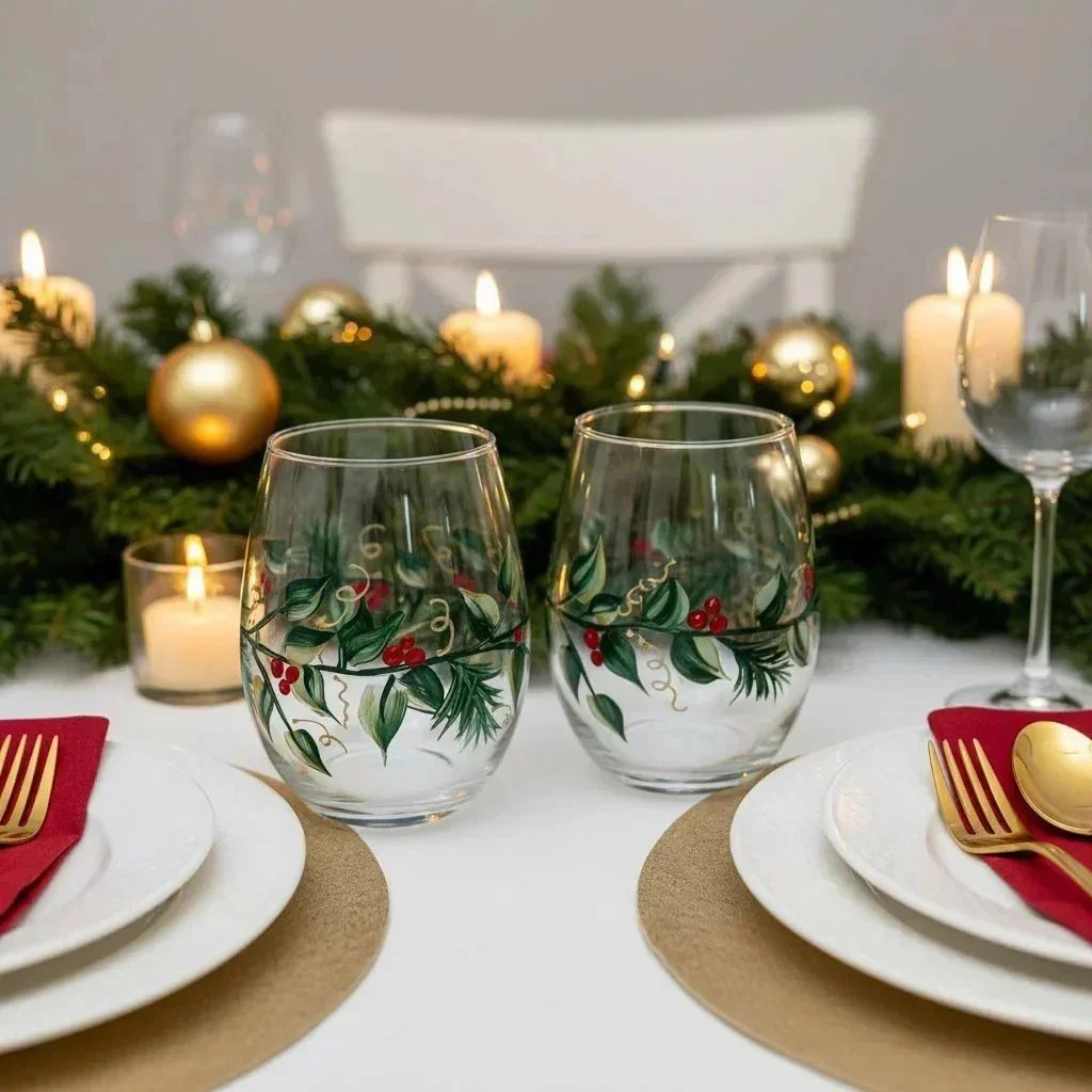 Hand-painted stemless wine glasses with green holly leaves and red berries for Christmas entertaining
