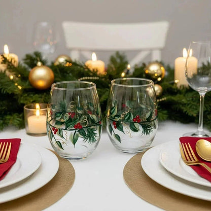Hand-painted stemless wine glasses with green holly leaves and red berries for Christmas entertaining