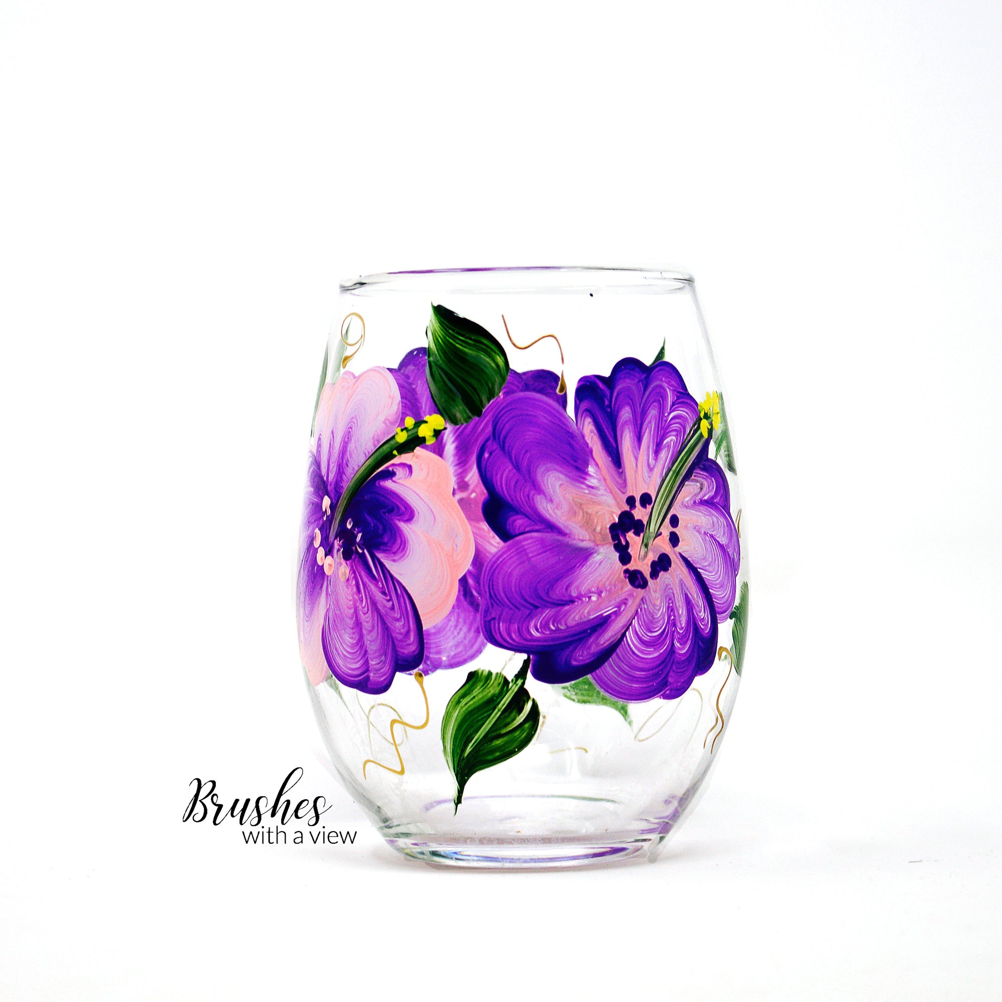 Hibiscus Hand painted Stemless Wine Glass, 15 oz. 
