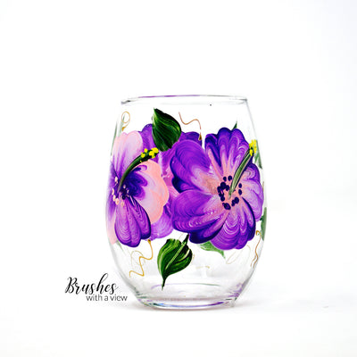 Hibiscus Hand painted Stemless Wine Glass, 15 oz.