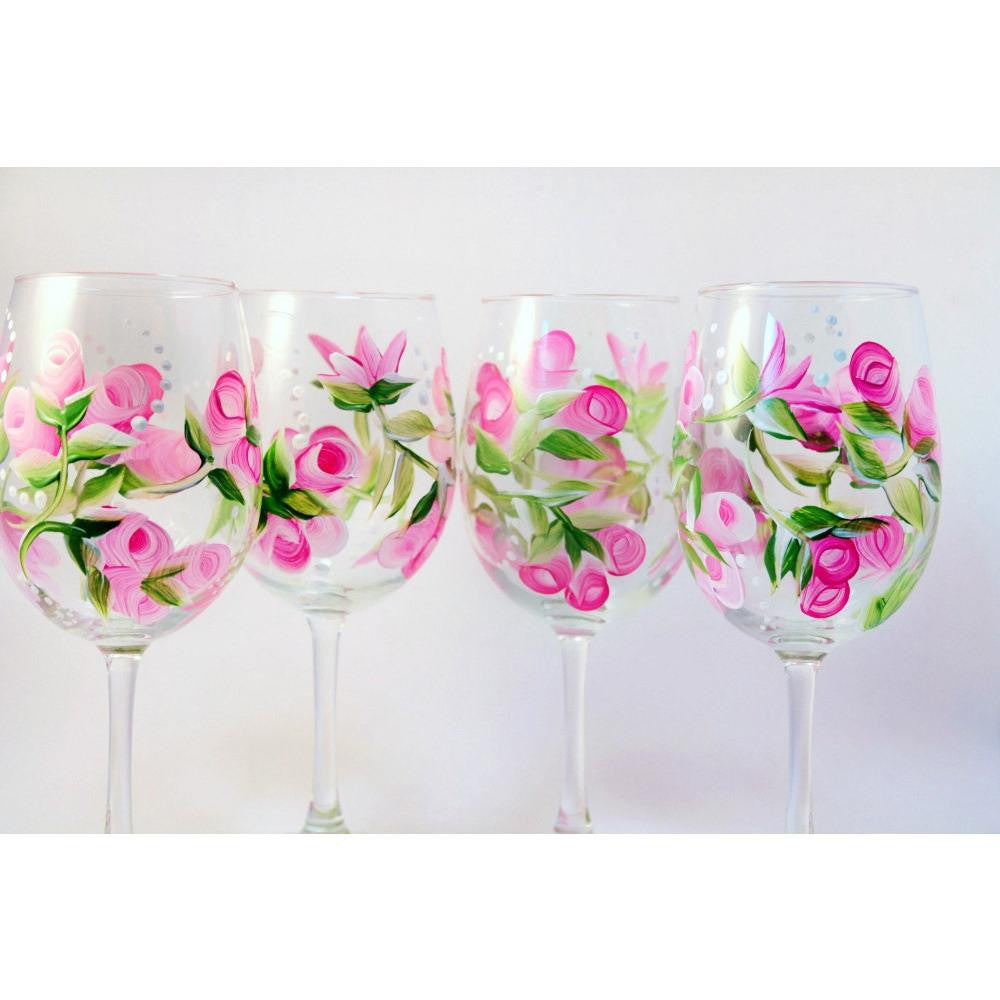 Pink Rose Flower Wine Glass Set of 4, Hand Painted Wine Glasses 