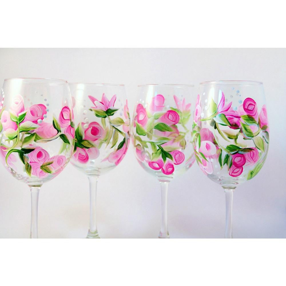 Pink Rose Flower Wine Glass Set of 4, Hand Painted Wine Glasses 