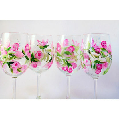 Pink Rose Flower Wine Glass Set of 4, Hand Painted Wine Glasses 