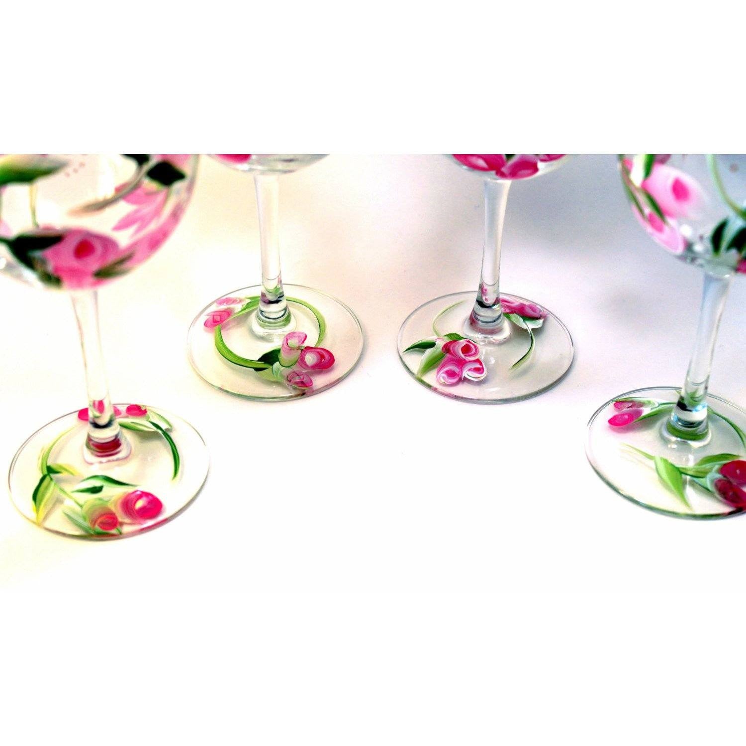 Pink Rose Flower Wine Glass Set of 4, Hand Painted Wine Glasses 