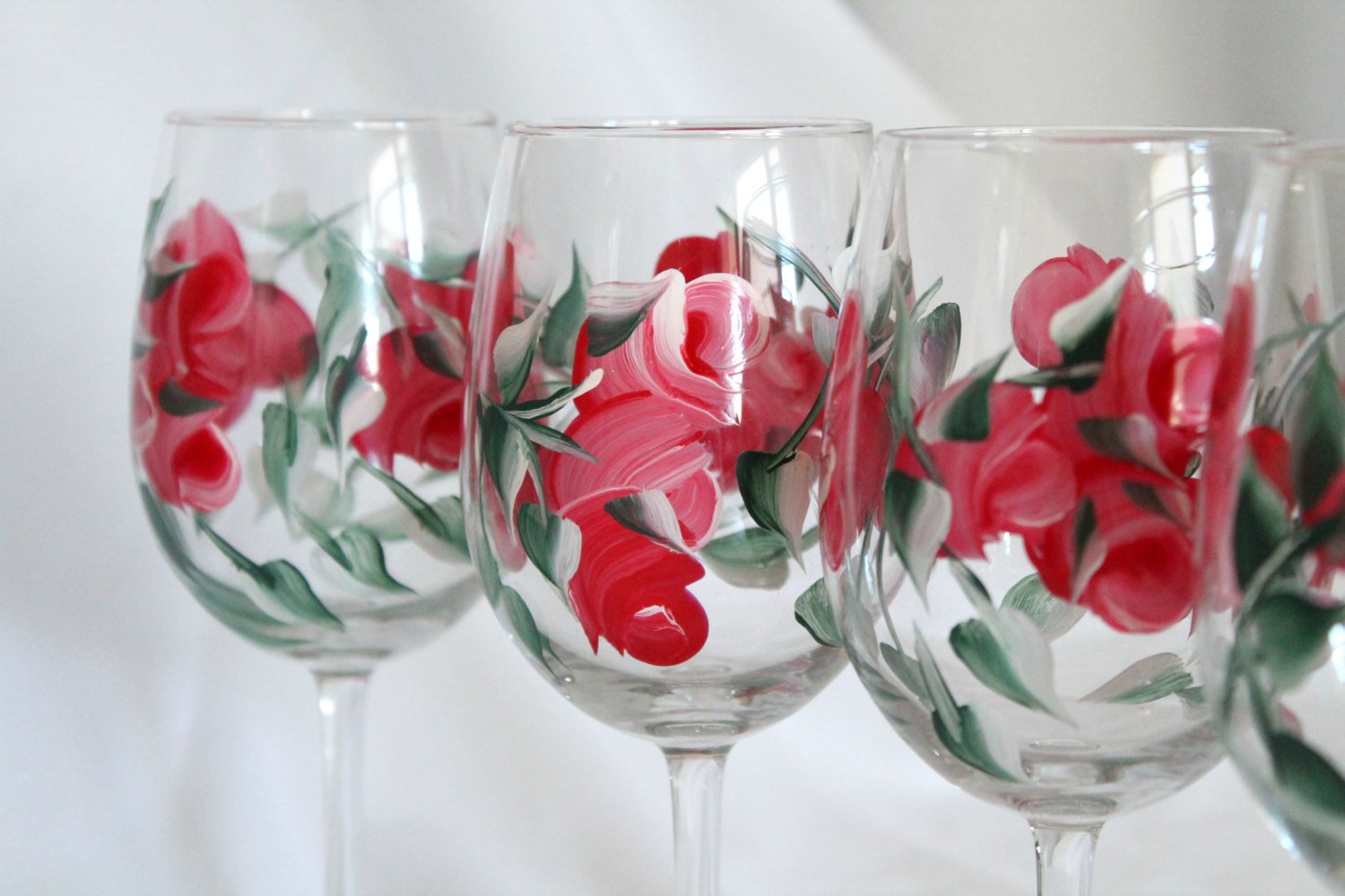 Red Rose Flower Stemmed Wine Glasses Set of 4
