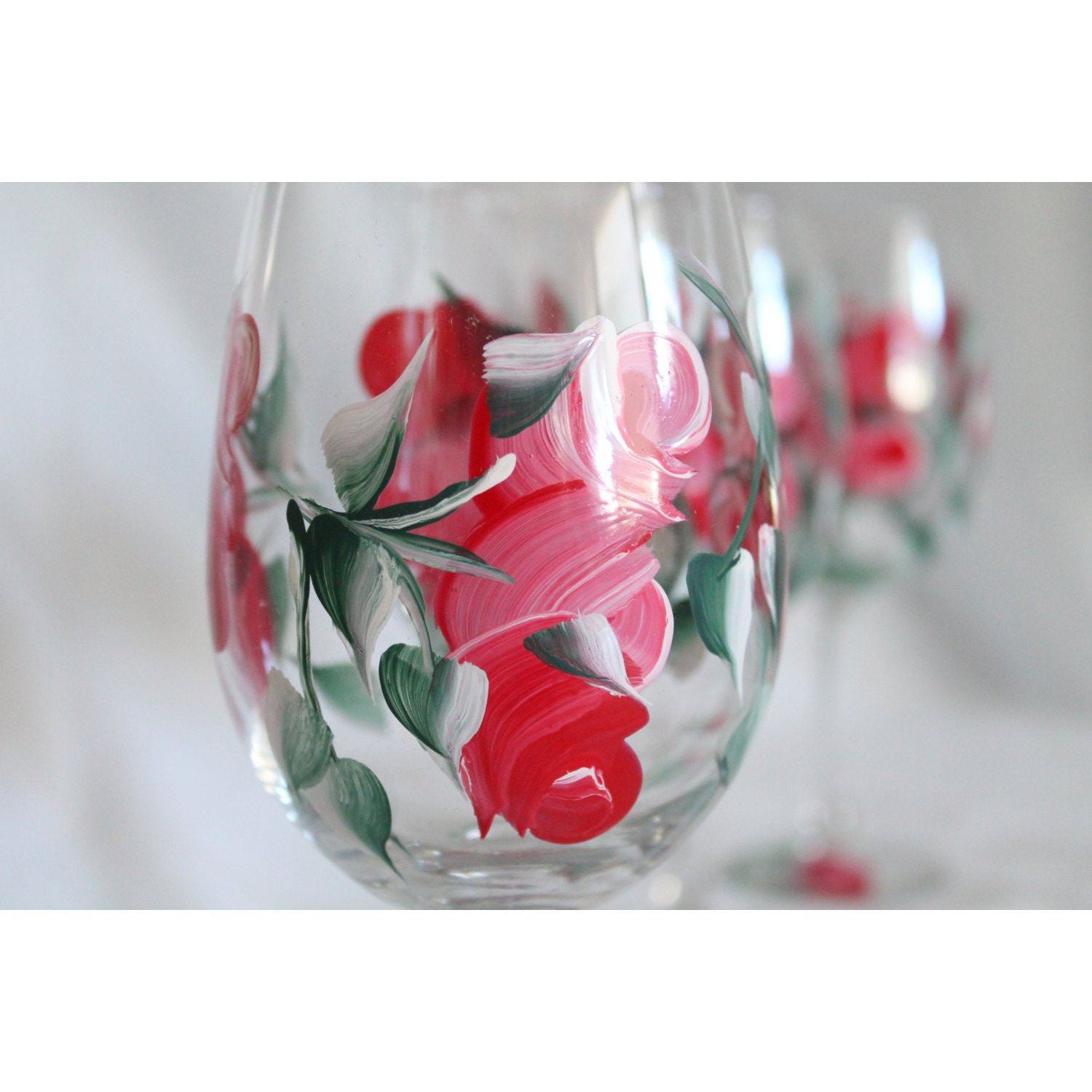 Red Rose Flower Stemmed Wine Glasses Set of 4