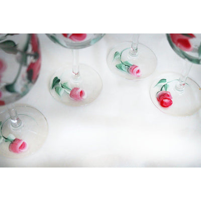 Hand Painted Red Rose Bud Wine Glasses, Set of 4 Stemmed Wine Glasses