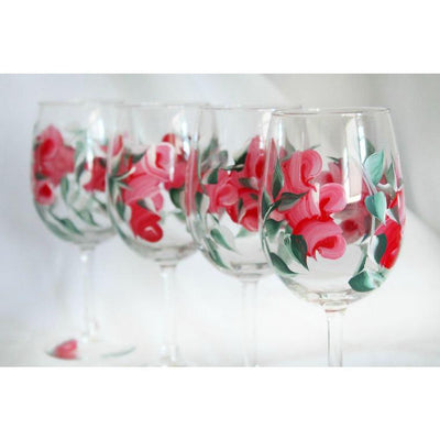 Hand Painted Red Rose Bud Wine Glasses, Set of 4 Stemmed Wine Glasses