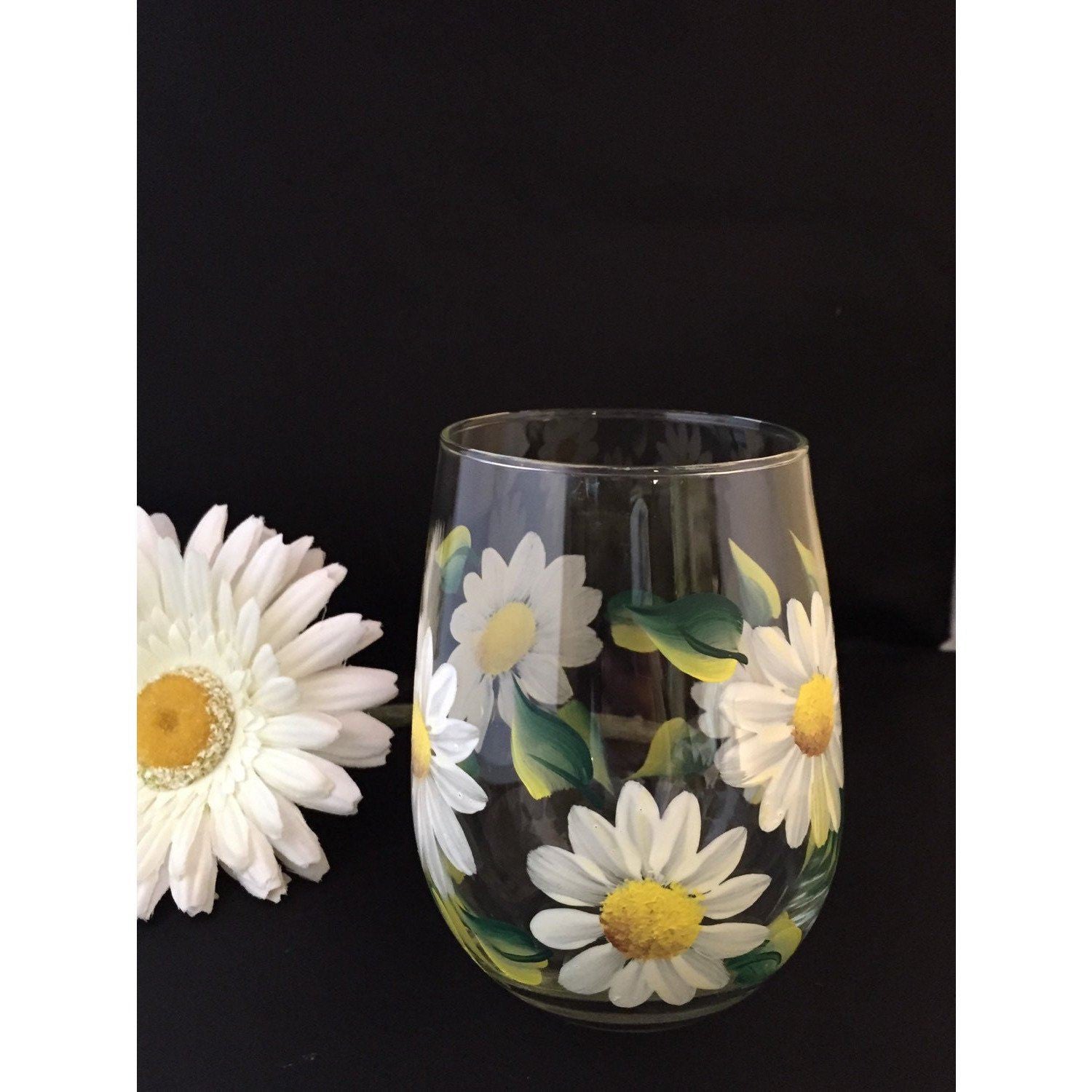 White Daisy Stemless Wine Glass  - Brushes with a View 