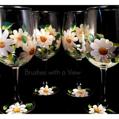 Daisy Painted Wine Glasses - Stemmed or Stemless - Brushes with a View