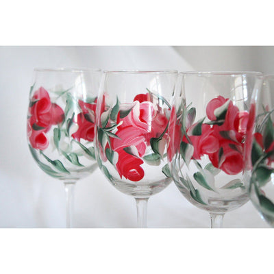 Hand Painted Red Rose Bud Wine Glasses, Set of 4 Stemmed Wine Glasses